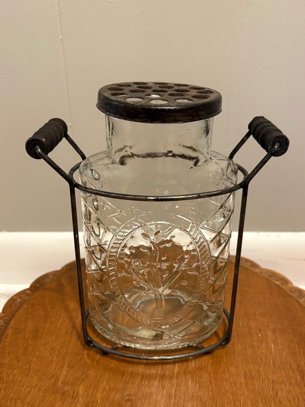 Large Flower Frog on Glass Vase with Metal Stand